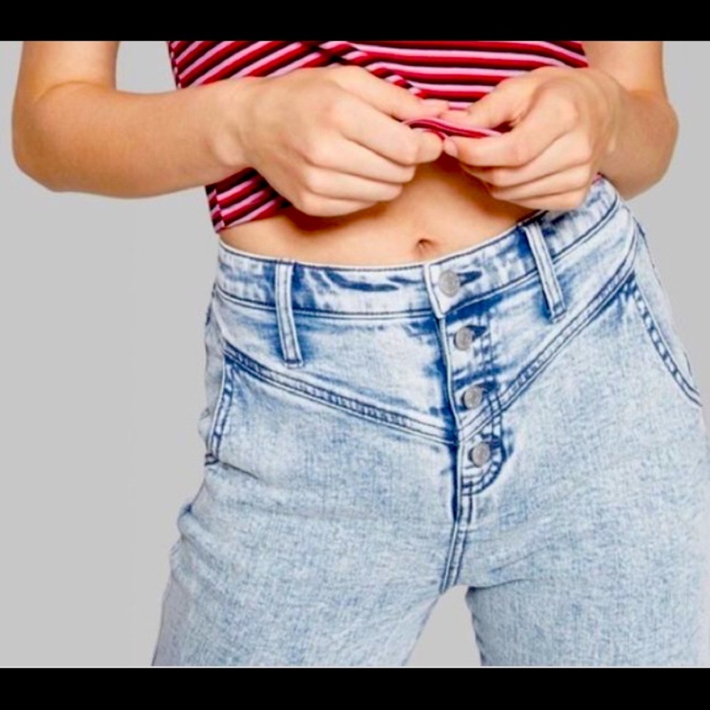 High waisted, button front light wash jeans
